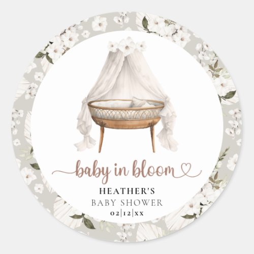 Baby In Bloom Trendy Boho Baby Shower Heart Script Classic Round Sticker