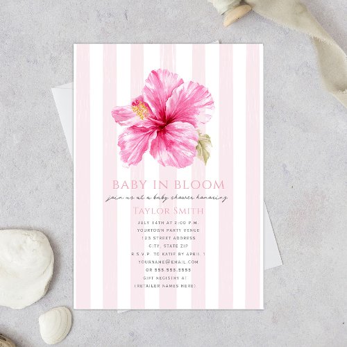 Baby in Bloom Tropical Hibiscus Stripe Baby Shower Invitation
