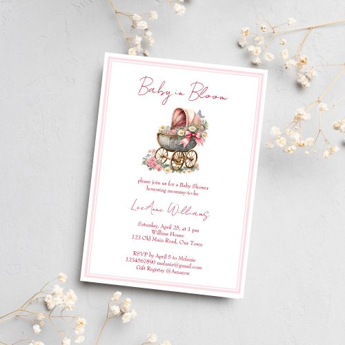 Baby in bloom vintage carriage flowers baby shower invitation