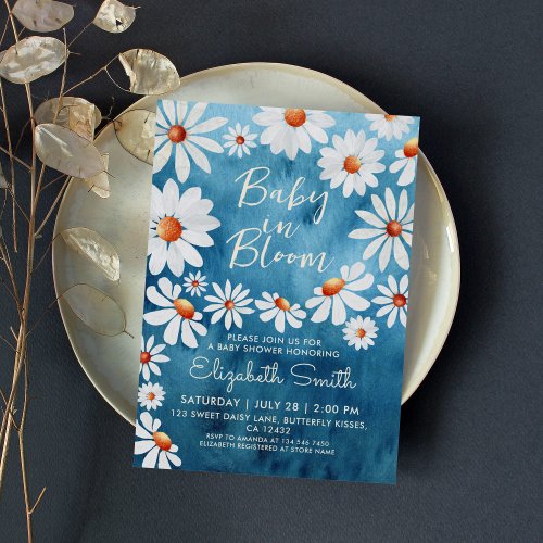 Baby in Bloom Watercolor Daisies  Blue Invitation