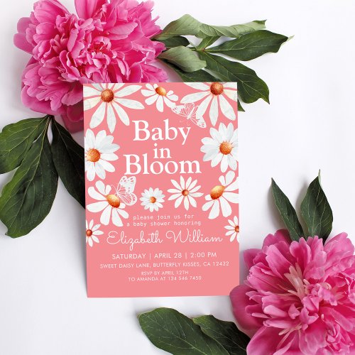 Baby in Bloom Watercolor Daisies  Butterfly Pink Invitation