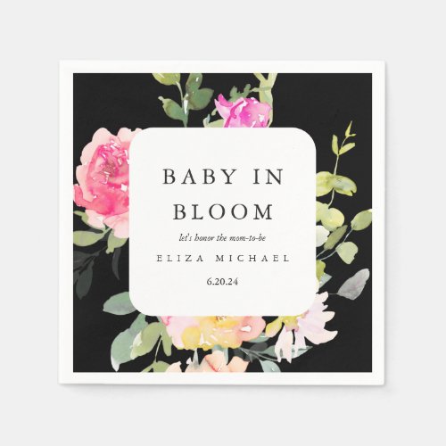 Baby in Bloom Watercolor Floral Baby Shower Black Napkins