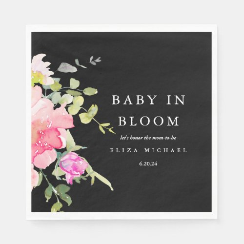Baby in Bloom Watercolor Floral Baby Shower Black Napkins
