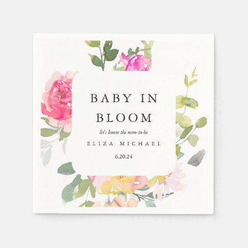 Baby in Bloom Watercolor Floral Baby Shower White Napkins