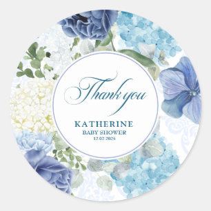 Baby in bloom watercolor floral blue baby shower classic round sticker