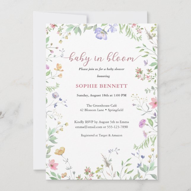 Baby in Bloom Watercolor  floral  Invitation (Front)
