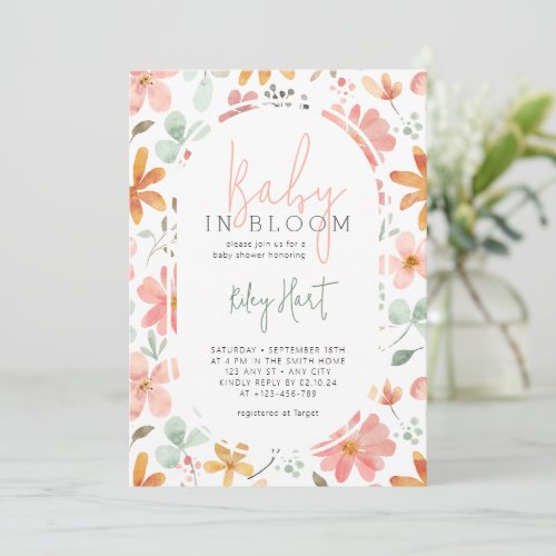 Baby In Bloom Watercolor Flowers Girl Baby Shower Invitation
