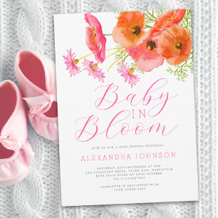 Baby In Bloom Watercolor Orange Pink Floral Invitation