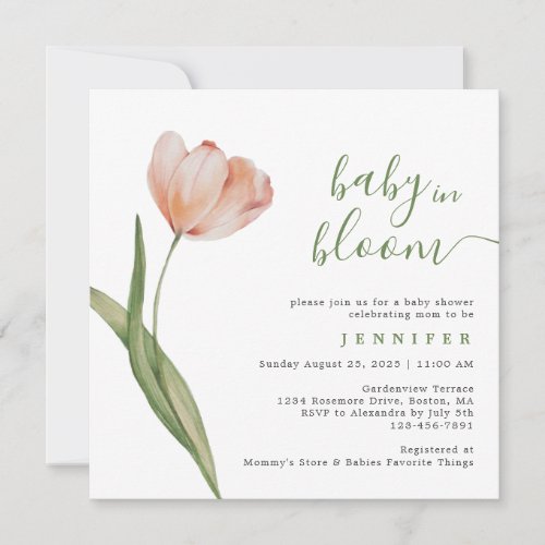 Baby In Bloom Watercolor Peach Tulip Baby Shower Invitation