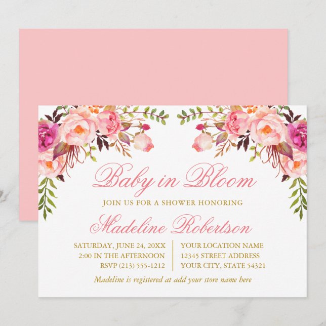 Baby In Bloom Watercolor Pink Floral Shower Invitation (Front/Back)