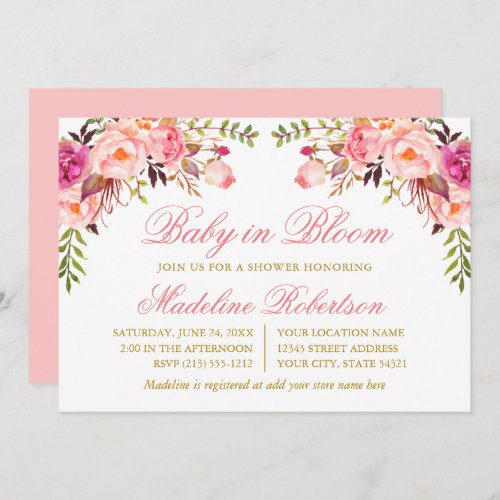 Baby In Bloom Watercolor Pink Floral Shower Invitation