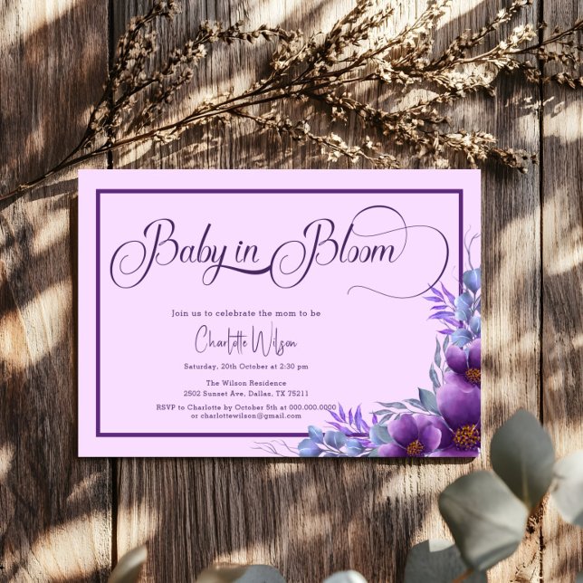 Baby In Bloom Watercolor Purple Flower Baby Shower Invitation (Creator Uploaded)