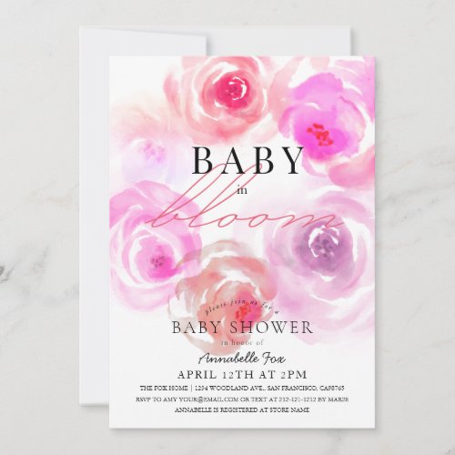 Baby in Bloom Watercolor Rose Baby Shower Invitation