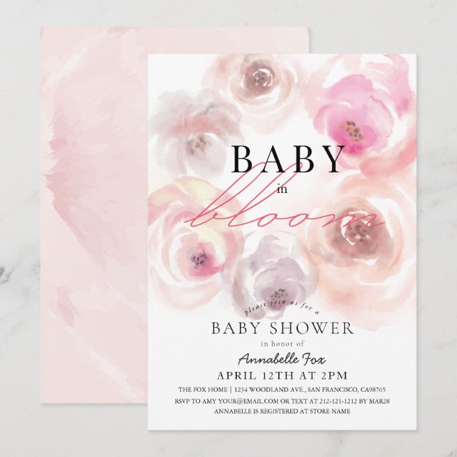 Baby in Bloom Watercolor Rose Baby Shower Invitation (Front/Back)