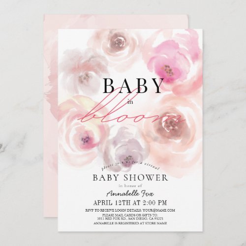Baby in Bloom Watercolor Rose Virtual Baby Shower Invitation
