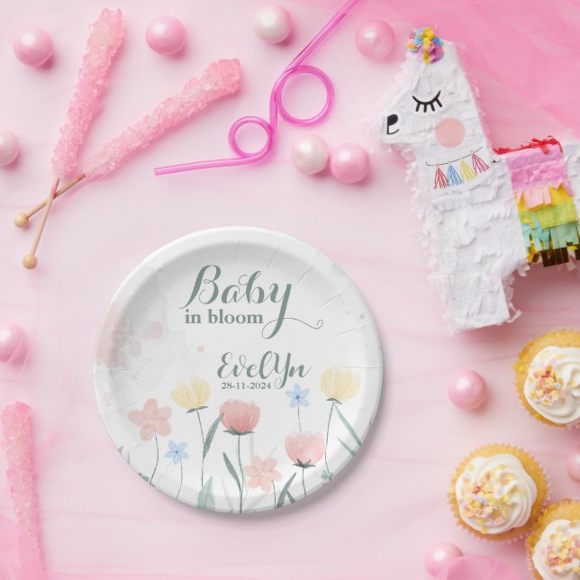 baby in bloom watercolor wildflowers  paper plates (Party)