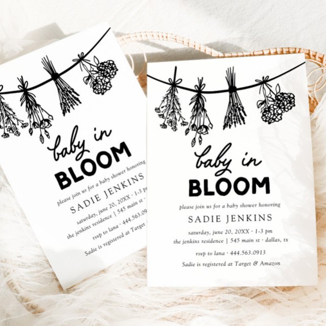 Baby in Bloom Whimsical Black & White Baby Shower Invitation (Creator Uploaded)