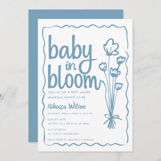 Baby in Bloom Whimsical Hand Drawn Boy Baby Shower Invitation (Front/Back)
