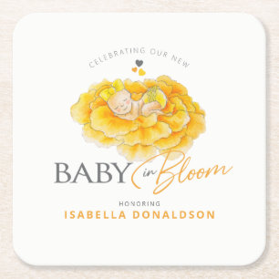 Baby in Bloom whimsy watercolor yellow baby shower Square Paper Coaster