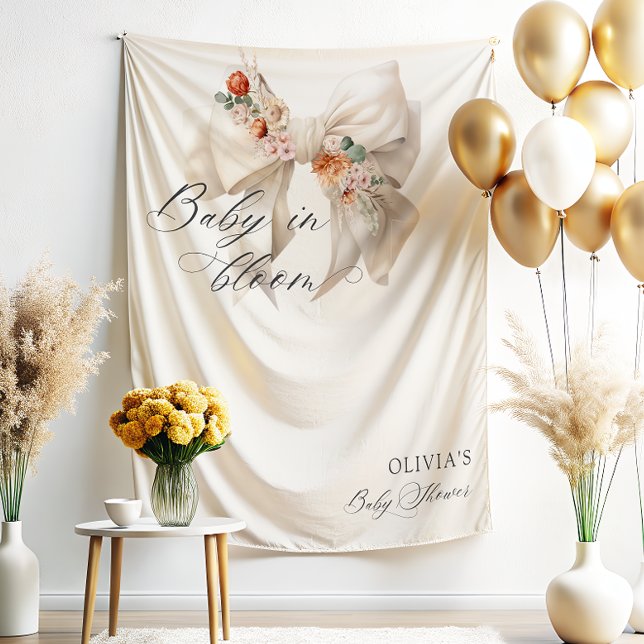 Baby in Bloom White Bow Floral Baby Shower Tapestry (Creator Uploaded)