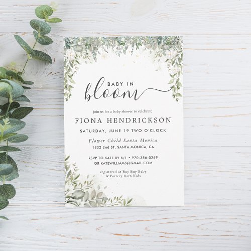 Baby in Bloom  White Floral Greenery Baby Shower Invitation