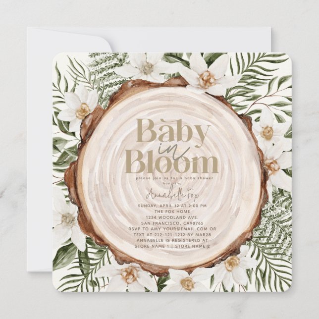 Baby in Bloom White Floral Wood Stump Baby Shower Invitation (Front)