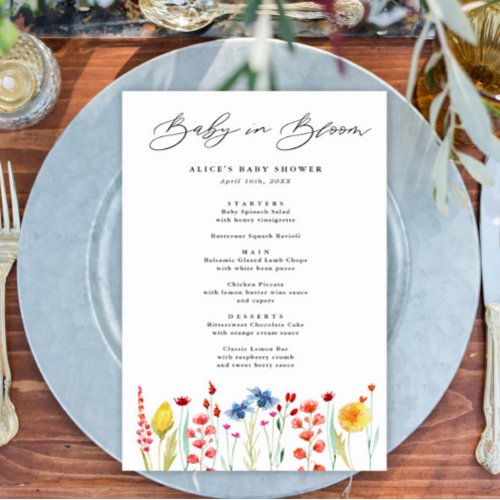 Baby in Bloom Wildflower Baby Shower Dinner Menu Flyer