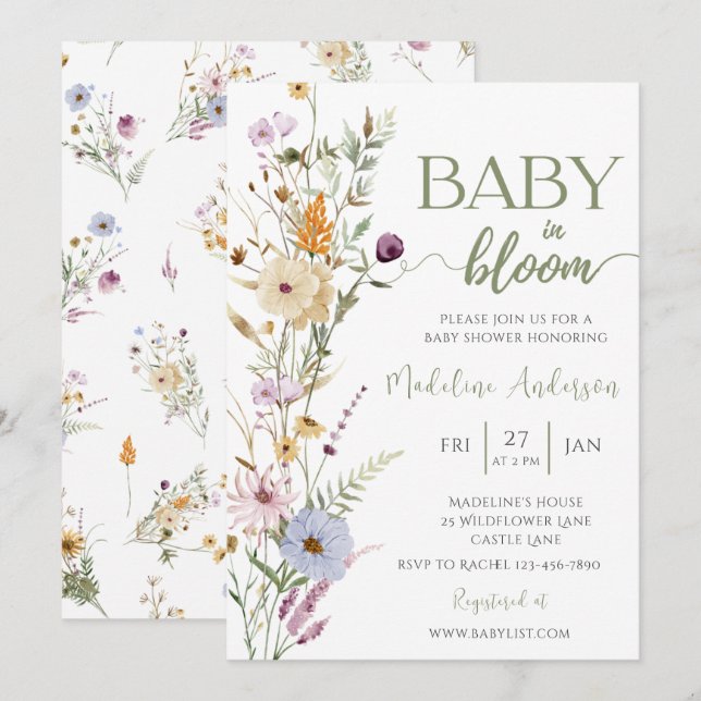 Baby in Bloom Wildflower Baby Shower Invitation (Front/Back)