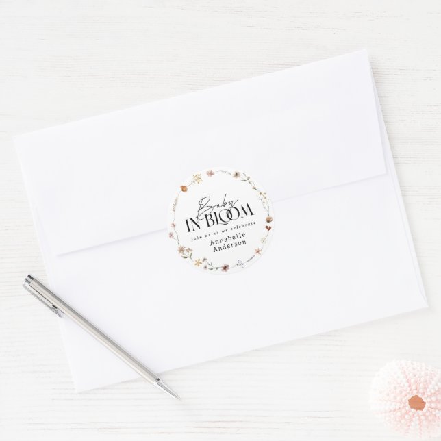 Baby in bloom wildflower baby shower invitation classic round sticker (Envelope)