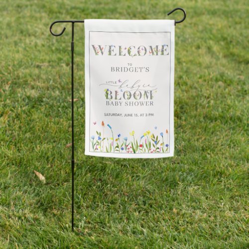 Baby in Bloom Wildflower Baby Shower Welcome Garden Flag - So pretty and delicate, this baby girl wildflower baby shower welcome garden flag, designed to go with matching invitation, features hand lettered script typography, 'welcome' and 'bloom' is decorated with delicate watercolor wildflowers and butterflies. The design is completed with a meadow of wildflowers at the bottom. Contact designer for matching products and design variations. Copyright Anastasia Surridge for Elegant Invites, all rights reserved.