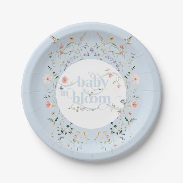 Baby in Bloom Wildflower Blue Boy Baby Shower Paper Plates (Front)