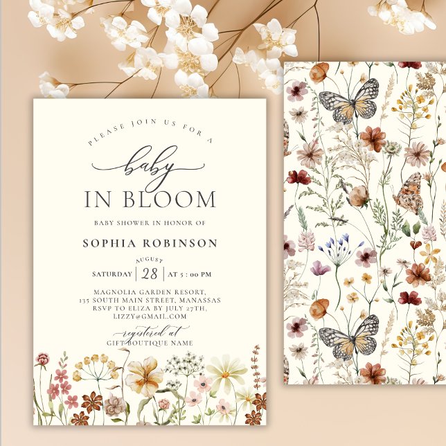 Baby in Bloom Wildflower Boho Beige Baby Shower  Invitation (Creator Uploaded)