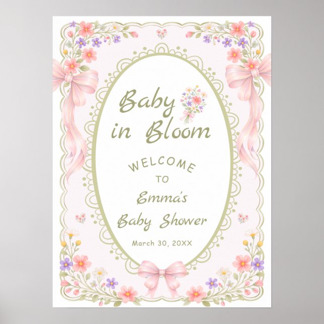 Baby in Bloom Wildflower Bow Baby Shower Welcome  Poster (Front)