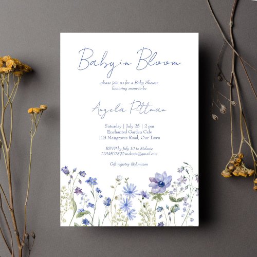 Baby in bloom Wildflower dusty blue baby shower Invitation