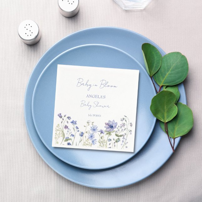 Baby in bloom Wildflower dusty blue baby shower Napkins (Baby in bloom delicate dusty blue Wildflower baby shower monogram printed Napkins personalized decor)