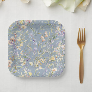 Baby in Bloom Wildflower Dusty Blue Baby Shower Paper Plates