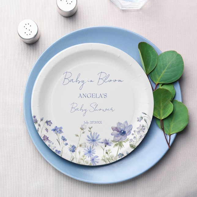 Baby in bloom Wildflower dusty blue baby shower Paper Plates (Baby in bloom dusty blue Wildflower baby shower personalized decor monogram  printed Paper Plates )
