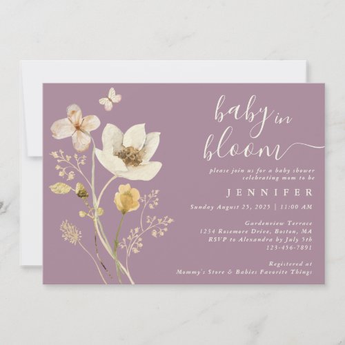 Baby In Bloom Wildflower Dusty Purple Baby Shower Invitation