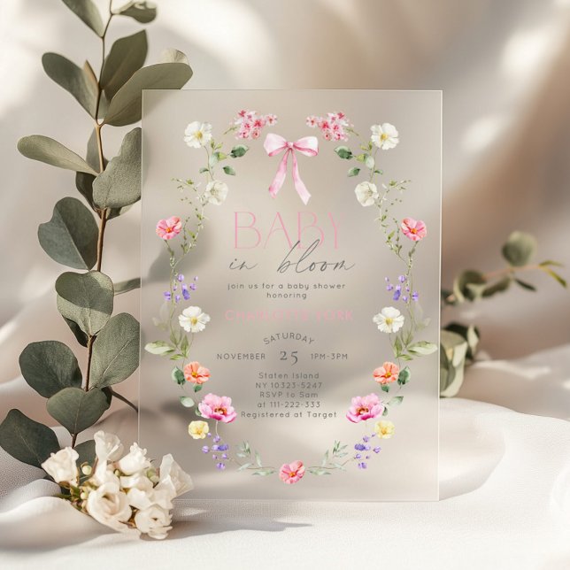 Baby in Bloom Wildflower pink Bow Baby Shower Acrylic Invitations (Creator Uploaded)