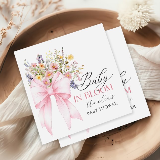 Baby In Bloom Wildflower Pink Bow Baby Shower  Paper Dinner Napkins (Creator Uploaded)
