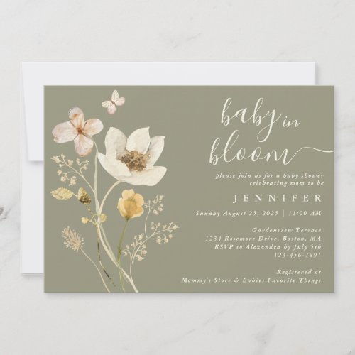 Baby In Bloom Wildflower Sage Baby Shower Invitation