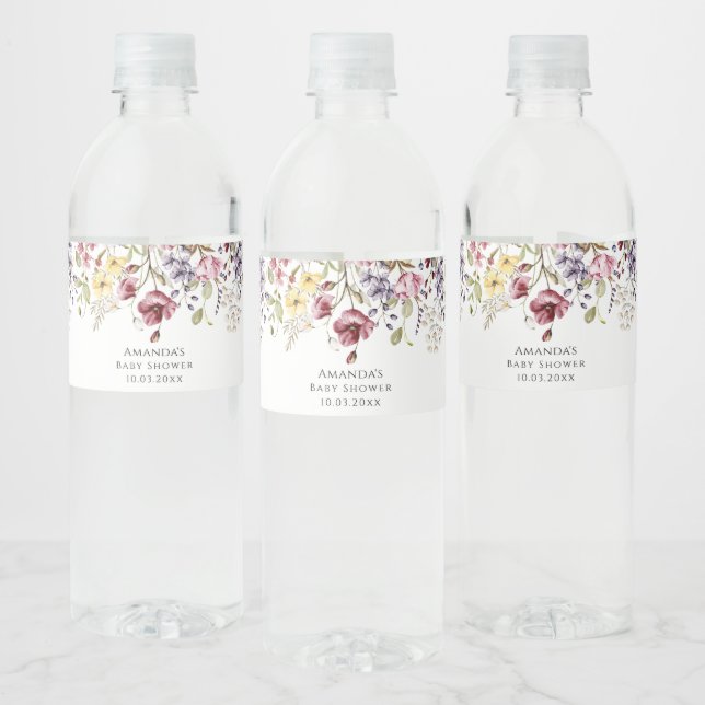 Baby In Bloom Wildflowers Baby Shower Water Bottle Label (Bottles)