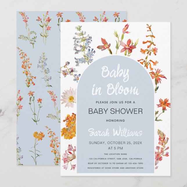 Baby in Bloom Wildflowers Blue Arch Boy Shower Invitation (Front/Back)