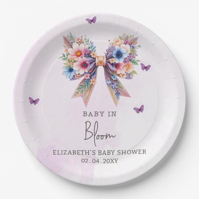 Baby in Bloom Wildflowers Bow Girl Baby Shower Paper Plates (Front)