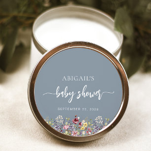 Baby in Bloom Wildflowers Dusty Blue Baby Shower Classic Round Sticker