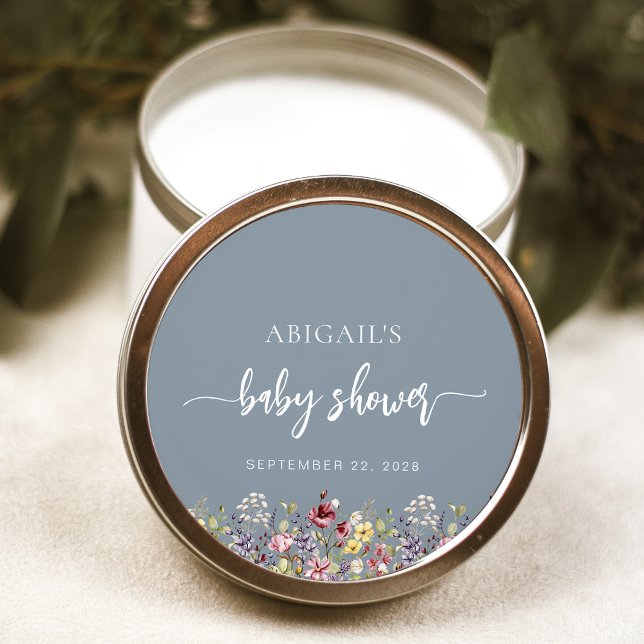 Baby in Bloom Wildflowers Dusty Blue Baby Shower Classic Round Sticker (Creator Uploaded)