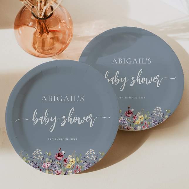 Baby in Bloom Wildflowers Dusty Blue Baby Shower Paper Plates (Creator Uploaded)