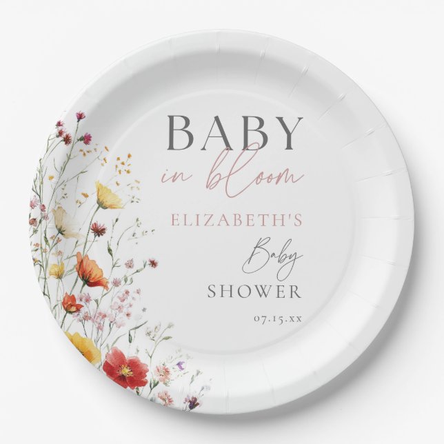 Baby In Bloom Wildflowers Floral Baby Shower Paper Plates (Front)