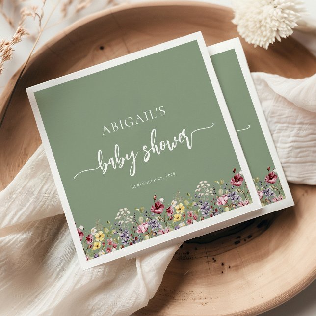 Baby in Bloom Wildflowers Sage Green Baby Shower Napkins (Creator Uploaded)