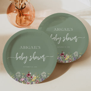 Baby in Bloom Wildflowers Sage Green Baby Shower Paper Plates